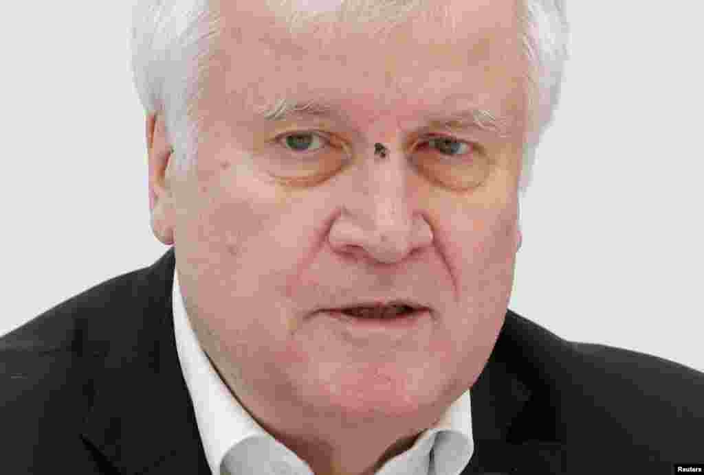 A fly is seen on German Interior Minister Horst Seehofer's face as he speaks during a joint news conference with Austrian Interior Minister Karl Nehammer (not pictured) in Vienna, Austria.
