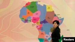 អ្នក​ទស្សនា​មួយ​រូប​ដើរ​កាត់​ផ្ទាំង​រូបភាព​បង្ហាញ​ពី​ផែនទី​អាហ្វ្រិក​នៅ​ឯ​កិច្ចប្រជុំ​ប្រចាំ​ឆ្នាំ​នៃ​ធនាគារ​អភិវឌ្ឍន៍​អាហ្វ្រិក។ 