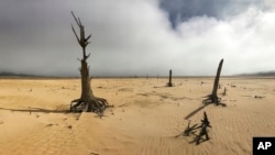 The Theewaterskloof Dam, a key source of water supply to Cape Town, South Africa, is shown at low levels on April 16, 2017. 