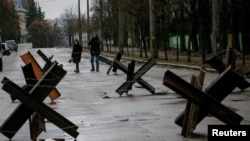 Anti-tank constructions are seen in Kyiv, Ukraine, March 3, 2022.