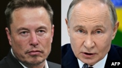This combination of photos created on Oct. 25, 2024, shows SpaceX, Twitter and Tesla CEO Elon Musk in Paris on June 16, 2023, and Russian President Vladimir Putin in Kazan on Oct. 23, 2024.