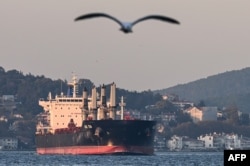 (FILES) Asl Tia, a cargo vessel carrying Ukrainian grain, sails on Bosphorus to Marmara sea, in Istanbul, on November 2, 2022.