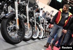 Harley-Davidson bikes are lined up at a bike fair in Hamburg, Germany, Feb. 24, 2017.