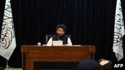 Taliban spokesman Zabihullah Mujahid addresses a press conference in Kabul on September 7, 2021. 