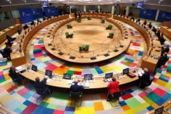European Union leaders during a round table meeting at an EU summit in Brussels, July 17, 2020.