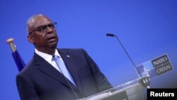 Міністр оборони США Ллойд Остін на пресконференції під час зустрічі міністрів оборони країн НАТО в штаб-квартирі Альянсу в Брюсселі, Бельгія, 14 червня 2024 року. REUTERS/Johanna Geron