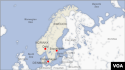 Letak Norwegia, Swedia dan Denmark pada peta. 