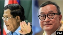 លោកនាយករដ្ឋ​មន្ត្រី ហ៊ុន សែន (ឆ្វេង) និង​លោក សម រង្ស៊ី (ស្តាំ) ប្រធាន​គណបក្ស​សង្គ្រោះជាតិ។ (Reuters/ឡេង ឡែន/VOA)