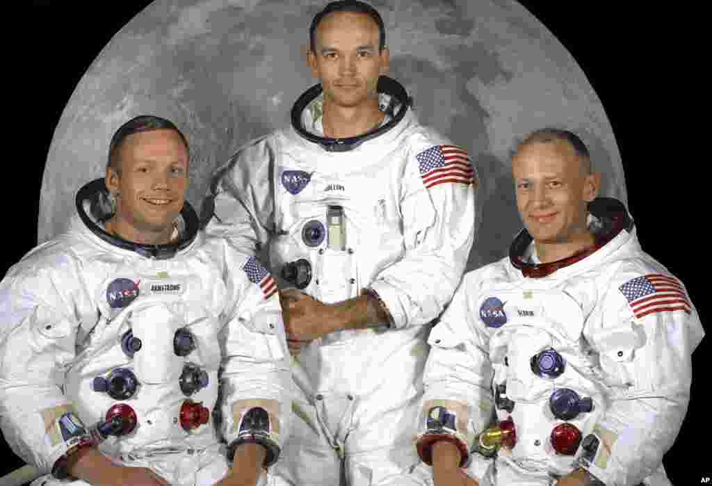 May 1969: This NASA studio file image shows the Apollo 11 crew of U.S. astronauts Neil Armstrong, (L) who was the Mission Commander and the first man to step on the moon, Edwin "Buzz" Aldrin, (R), who was the Lunar Module Pilot, and Michael Collins, (C) w