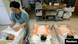 서울의 한 종합병원 산부인과 병동에서 간호사가 신생아들을 돌보고 있다. (자료사진)