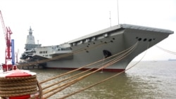在新華社發布的這張照片中，中國第三艘航空母艦“福建艦”準備從位於上海的上海江南造船廠出發進行首航試。 (2024年5月1日)