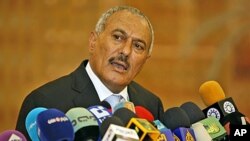 President Ali Abdullah Saleh speaks during a media conference in Sana'a, Yemen, February 21, 2011