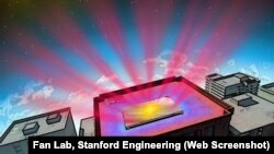 ILLUSTRATION cutline In this illustration the reflective panel is coated with a material invented by Stanford engineers. They designed it to help cool buildings without air conditioning. The material works in two ways. It reflects incoming sunlight (yello