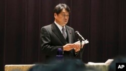 Japan's new Defense Minister Itsunori Onodera gives an inauguration speech to the ministry officials on his first day at Defense Ministry in Tokyo, Aug. 4, 2017.