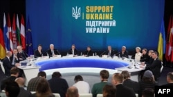European Commission President Ursula von der Leyen, European Council President Antonio Costa, Canada's PM Trudeau, Spain's Prime Minister Sanchez and others attend a press conference after the 'Support Ukraine' summit, in Kyiv, Feb. 24, 2025.