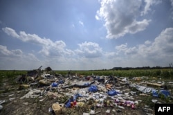 A photo taken on July 23, 2014 shows the crash site of the downed Malaysia Airlines flight MH17, in a field near the village of Grabove, in the Donetsk region.