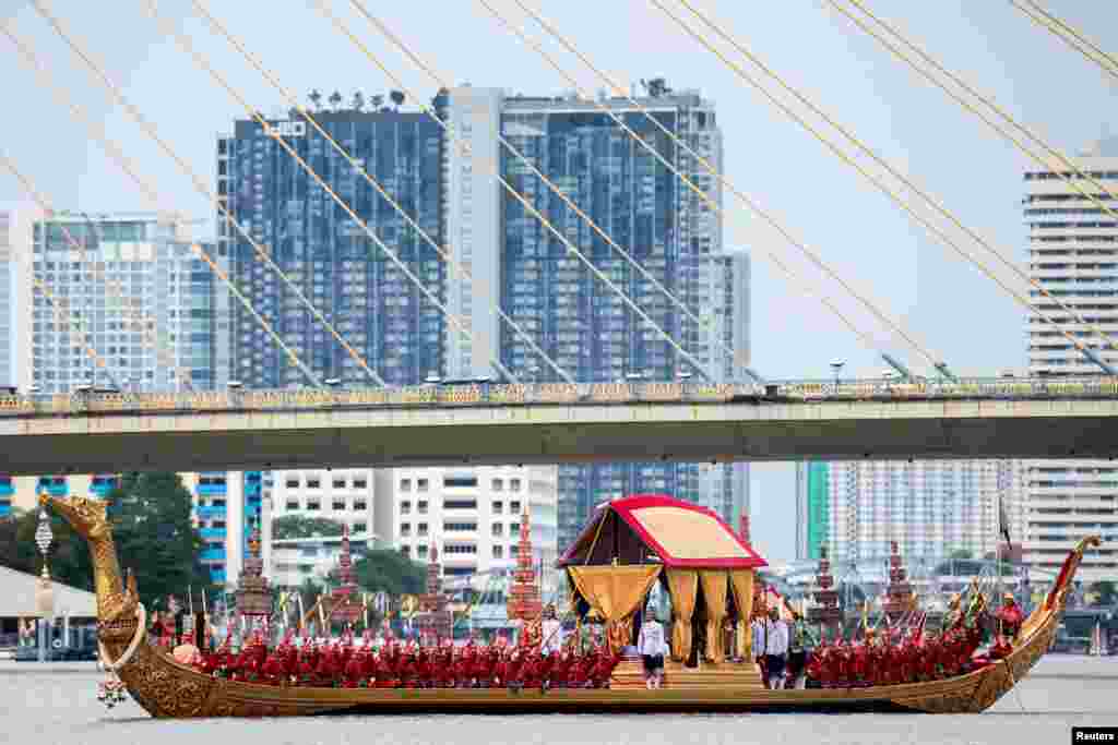 The royal barge river procession along the Chao Praya river to mark the 72nd birthday of Thailand's King Maha Vajiralongkorn, is seen in Bangkok.
