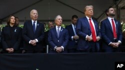 Capres Partai Demokrat Wapres Kamala Harris, Presiden Joe Biden, Michael Bloomberg, Capres Partai Republik mantan Presiden Donald Trump dan cawapres Partai Republik Senator JD Vance menghadiri upacara Peringatan 23 tahun serangan teror 11 September 2001, di New York.