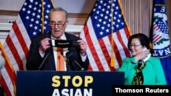 Conferencia de prensa después de que el Senado aprobó la Ley de Crímenes de Odio COVID-19 en Capitol Hill en Washington el 20 de mayo del 2021. 