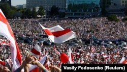 Belarus, Minsk, People take part in a protest against the presidential election results demanding the resignation of Belarusian President Alexander Lukashenko