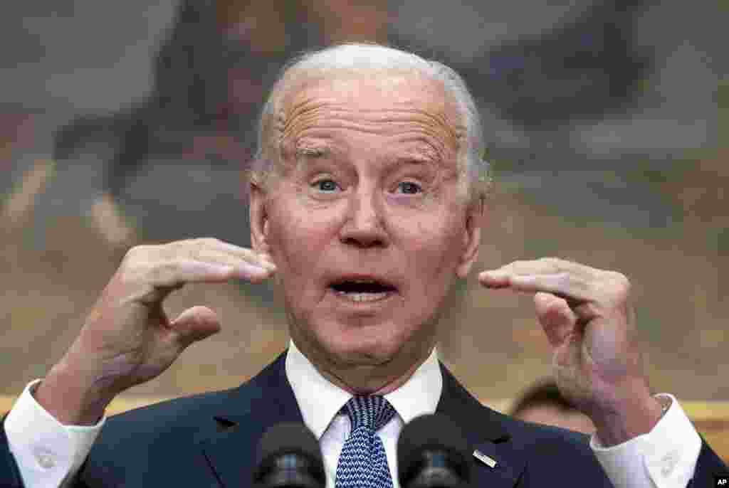 President Joe Biden speaks about deficit reduction in the Roosevelt Room at the White House in Washington.