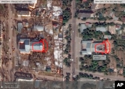 This satellite image provided by Maxar Satellite Imagery Analysis via UNOSAT, shows the ''Korabelny'' Palace of Culture, in Mykolaiv, Ukraine, Feb. 4, 2022, left, and the same site on Thursday, July 21, 2022. (Maxar Satellite Imagery Analysis by UNOSAT vi
