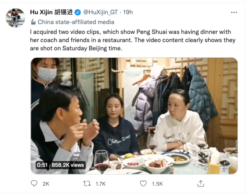 《環球時報》總編輯胡錫進11月20日在推特上發布的中國網球選手彭帥的視頻截圖（推特截圖）