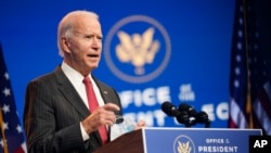 លោក Joe Biden ប្រធានាធិបតី​ជាប់​ឆ្នោត​សហរដ្ឋអាមេរិក ថ្លែង​សុន្ទរកថា​នៅ​ក្រុង Wilmington រដ្ឋ Delaware ថ្ងៃទី១៩ ខែវិច្ឆិកា ឆ្នាំ២០២០។ 