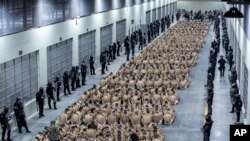 En esta foto difundida por la oficina de prensa presidencial de El Salvador, reclusos considerados por las autoridades como miembros de pandillas son trasladados a la mega prisión Tecoluca, El Salvador, el miércoles 15 de marzo de 2023.