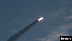 A view of North Korea's missile launch on Thursday, in this undated picture released by North Korea's Central News Agency (KCNA) on July 26, 2019. KCNA/via REUTERS ATTENTION EDITORS - THIS IMAGE WAS PROVIDED BY A THIRD PARTY.