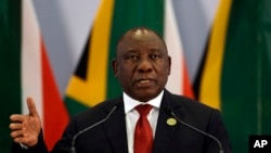 South African President Cyril Ramaphosa addresses a media conference at the end of the BRICS Summit in Johannesburg, South Africa, Friday, July 27, 2018.