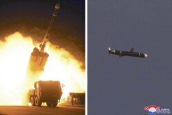 The Academy of National Defense Science conducts long-range cruise missile tests in North Korea, as pictured in this combination of undated photos supplied by North Korea's Korean Central News Agency (KCNA) on September 13, 2021.