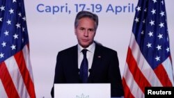 แอนโทนี บลิงเคน รัฐมนตรีว่าการกระทรวงการต่างประเทศสหรัฐฯ ขณะแถลงข่าวหลังจบการประชุมจี 7 ที่เกาะคาปรี ประเทศอิตาลี วันที่ 19 เมษายน 2024 (ที่มา:รอยเตอร์)