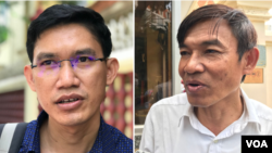 រូបផ្គុំ៖ លោក យាង សុធារិន្ទ (ឆ្វេង) និងលោក អ៊ួន ឈិន (ស្តាំ) ក្នុងពេលដែល​ពួកគេ​ថ្លែង​ជាមួយ​អ្នកកាសែត​នៅក្រៅ​របង​តុលាការ​កំពូល​ក្នុងទីក្រុង​ភ្នំពេញ​ ថ្ងៃទី ២២ ខែតុលា ឆ្នាំ​២០២០។ (ហ៊ុល រស្មី/វីអូអេ)