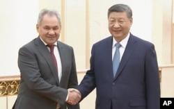 2025년 2월 28일 중국 베이징 인민대회당에서 시진핑 중국 국가주석이 세르게이 쇼이구 러시아 국방장관과 만나 악수를 나누고 있다.