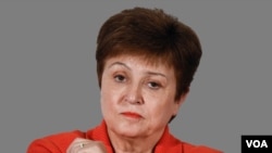 Kristalina Georgieva headshot, as International Monetary Fund Managing Director, graphic element on gray