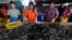 FILE - Myanmar migrant workers sort shrimp at a wholesale market for shrimp and other seafood in Mahachai, in Samut Sakhon province, Thailand, July 4, 2017.