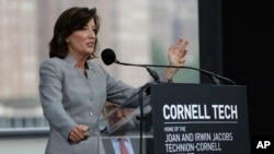 NYC New York State Lieutenant Governor Kathy Hochul speaks during a ceremonial ground breaking at Cornell Tech campus on Roosevelt Island in New York, June 16, 2015. The school will accommodate up to 2,000 graduate students.