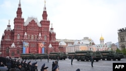 TOPSHOT - A column of Russian missile S-400 Triumf systems drives on Red Square during the Victory Day military parade in central Moscow on May 9, 2024.