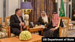 U.S. Secretary of State Michael R. Pompeo meets with Saudi King Salman bin Abdul-Aziz at the Royal Court in Riyadh, Saudi Arabia, Oct. 16, 2018. 