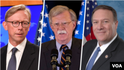 از چپ به راست: برایان هوک، جان بولتون و مایک پمپئو 