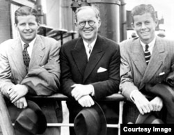 Joseph P. Kennedy Jr., Joseph P. Kennedy Sr., and John F. Kennedy arriving at Southampton, England, July 2, 1938.