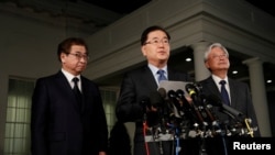 South Korea's National Security Office head Chung Eui-yong, center, Cho Yoon-je, the South Korean Ambassador to the U.S., right, and National Intelligence Service chief Suh Hoon, left, make an announcement about North Korea and the Trump administration last week.