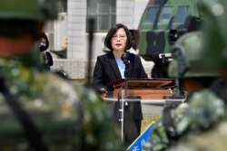 Taiwan President Tsai Ing-wen delivers her address to soldiers amid the COVID-19 coronavirus