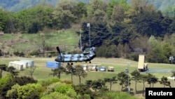 A Terminal High Altitude Area Defense (THAAD) interceptor (right) is seen in Seongju, South Korea, April 26, 2017.