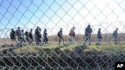 Arhiva - Migranti uz privremenu zaštitnu ogradu na granici Mađarske i Srbije, u Mađarskoj, 22. februara 2017.