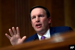 FILE - Sen. Christopher Murphy, D-Conn., speaks at the Senate Foreign Relations Committee on Capitol Hill in Washington, July 25, 2018.