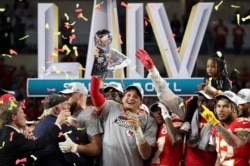 NFL Football - Super Bowl LIV - Kansas City Chiefs v San Francisco 49ers - Hard Rock Stadium, Miami, Florida, U.S. - February 2, 2020 Kansas City Chiefs' Patrick Mahomes celebrates with the Vince Lombardi trophy after winning the Super Bowl