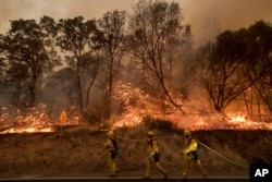 FILE - Firefighters battle a wildfire as it threatens to jump a street near Oroville, Calif., July 8, 2017.