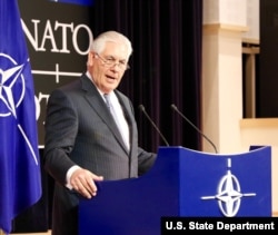 U.S. Secretary of State Rex Tillerson delivers remarks during a press availability at NATO in Brussels, Belgium, Dec. 6, 2017.